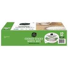 Bibigo cooked sticky white rice bowls, medium grain, 12-count carton front