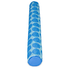 Blue patterned pool noodle float, cylindrical mesh style with rounded ends