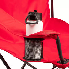 Red camping chair side mesh cup holder with mounted handle