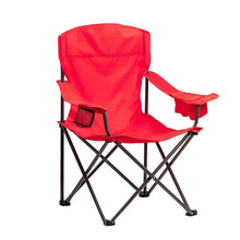 Red folding camping chair with padded seat and armrests