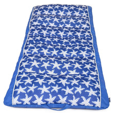 Blue starfish print inflatable pool float top panel with white piping and trim