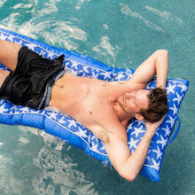 Blue starfish inflatable pool float, rectangular lounge with white piping and border