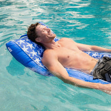 Blue starfish inflatable pool float with cushioned headrest, lounging style