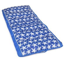 Blue starfish print inflatable pool float, rectangular with white trim and piping