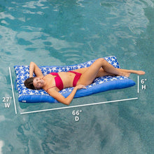 Blue starfish inflatable pool float, 66" x 27" x 6" dimensions labeled on image