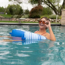 Blue pool noodle sling chair float with white stripes, inflatable lounge seat