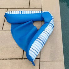 Blue pool float sling chair with striped side panels and curved backrest