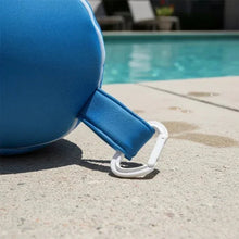 Blue pool float sling chair with adjustable strap and white D-ring anchor