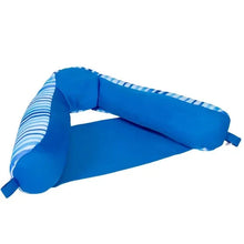 Blue sling chair pool float with striped support sides and open seating center