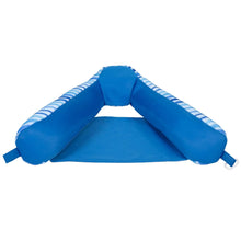 Blue pool float sling chair with striped arm supports and cushioned inner seat