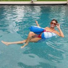 Blue sling chair pool float with striped head and leg supports