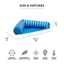 Blue striped pool lounge float with side sling and size-feature diagram