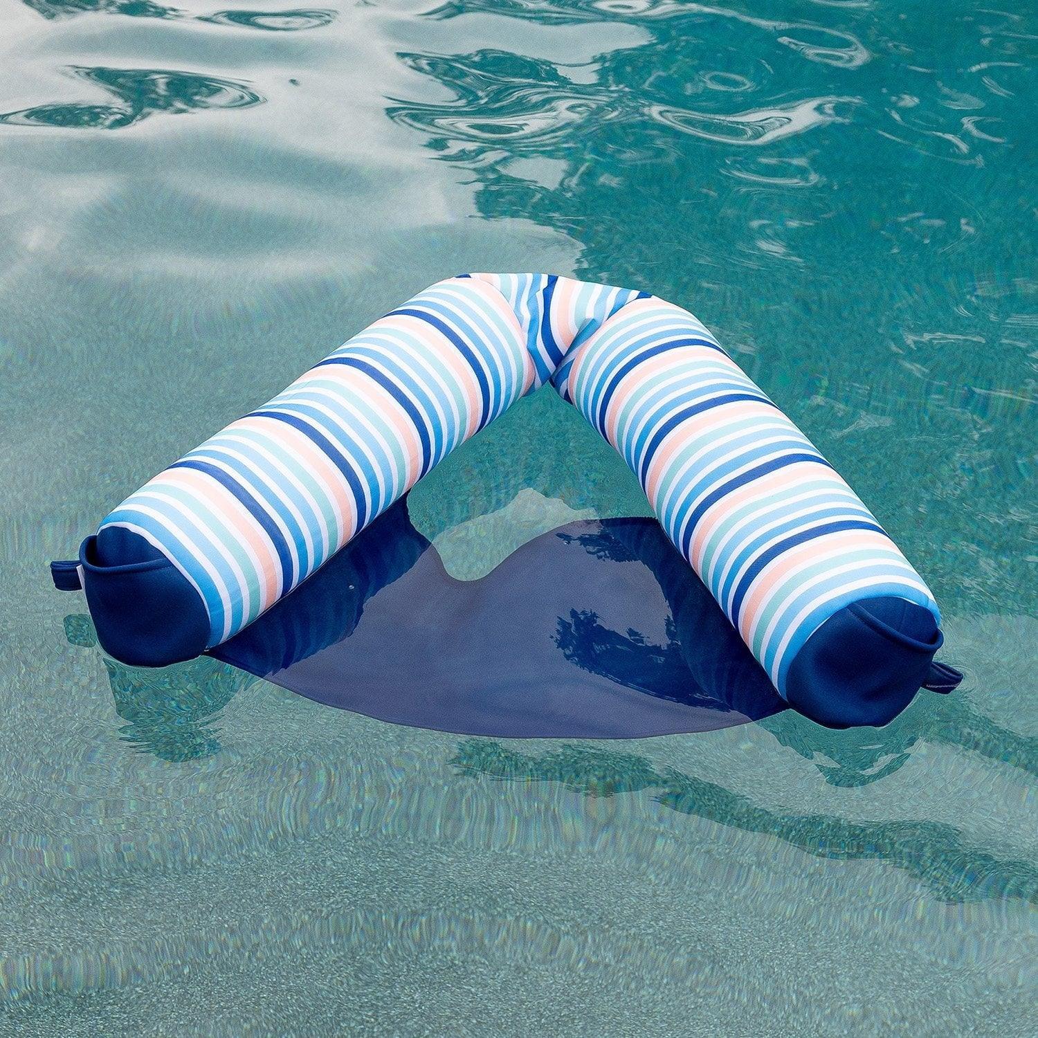 Blue and white striped sling pool float with U-shaped neck support and cushioned end bolsters