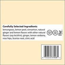 Herbal tea ingredients label with lemongrass, lemon peel, cinnamon, ginger