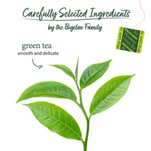 Green tea leaves with premium green tea tea bag box graphic and ingredient callout
