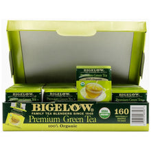 Closed tea bag carton with 160-count premium green tea label and box front
