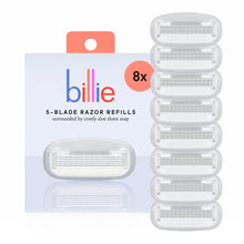 Billie 5-blade razor refill cartridges, 8-pack, shown in an open case