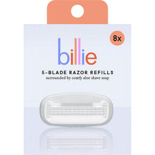 Billie razor refill pack with 8-count 5-blade cartridges in a clear tray