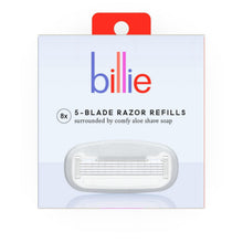 Billie 5-blade razor refill box showing 8 cartridges in a blister tray
