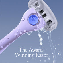 Razor with 5-blade refill cartridge and blue cap, with water droplets