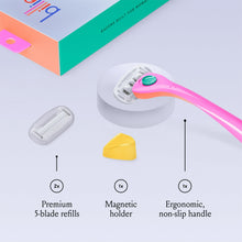 Razor kit set with pink handle, magnetic holder, and 5-blade refill cartridges