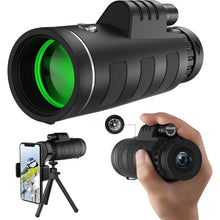 Black monocular with green objective lens, adjustable eyepiece and carrying strap