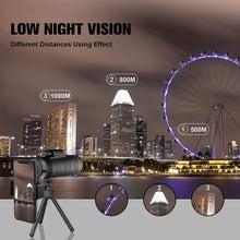 Black monocular on tripod with green lens for night viewing in dark sky