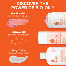 Bio-Oil skincare line set with skincare oil bottles and gel/lotion swatches