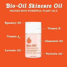 Bio-Oil Skincare Oil bottle with plant oil ingredient callouts