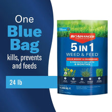 BioAdvanced 5-in-1 Weed & Feed fertilizer bag, 24 lb blue front label
