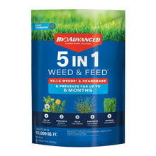 BioAdvanced 5-in-1 Weed & Feed fertilizer bag, blue and green label