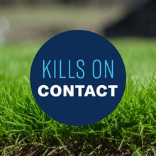 Weed killer badge graphic: kills on contact, round blue icon over grass
