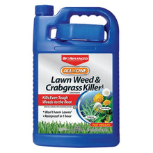 Lawn weed and crabgrass killer concentrate bottle, BioAdvanced blue 1-gallon jug
