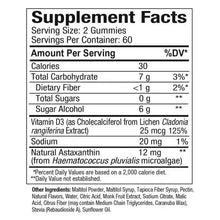 Supplement Facts for 2 gummies: serving size, nutrients, and %DV table