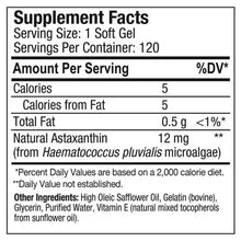 Supplement Facts panel for astaxanthin 12 mg soft gel, serving size 1