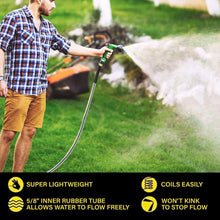 Garden hose with brass spray nozzle, silver braided flex hose