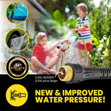 Garden hose nozzle spraying water from handheld wand with flexible coil