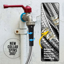 Garden hose with rotating collar near faucet connection, silver braided tubing