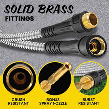 Garden hose connector set with brass fittings and coiled metal tubing