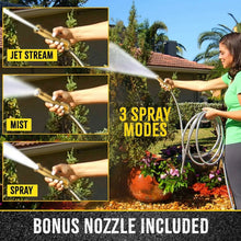 Garden hose with bonus nozzle spraying fan mist from hose wand