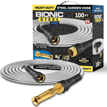 100 ft steel garden hose kit with coiled metal hose and brass fittings