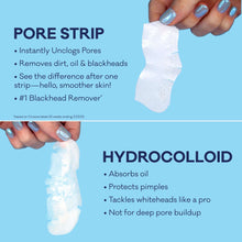 Hydrocolloid pore strip sheet in hands with panel of strip features