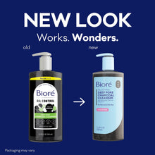 Biore cleanser bottle shown in old and new looks, both with silver pumps