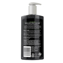 Back of charcoal cleanser bottle with silver pump, barcode, and product information