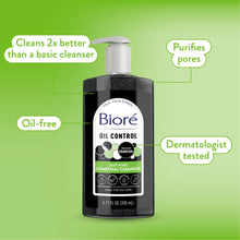 Charcoal daily face wash bottle with pump and Biore Oil Control front label.
