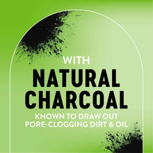 Natural charcoal badge with powder specks graphic for face cleanser.