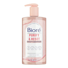 Biore Purify & Reset daily cleanser bottle with rose quartz and charcoal label, 6.77 fl oz