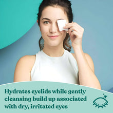 Micellar eyelid cleansing wipe applied to eyelid area on a person