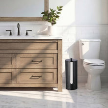 Brushed metal toilet paper storage canister with round lid and front opening