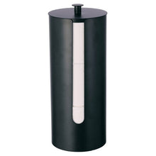 Matte black metal toilet paper holder cylinder with round lid and slot